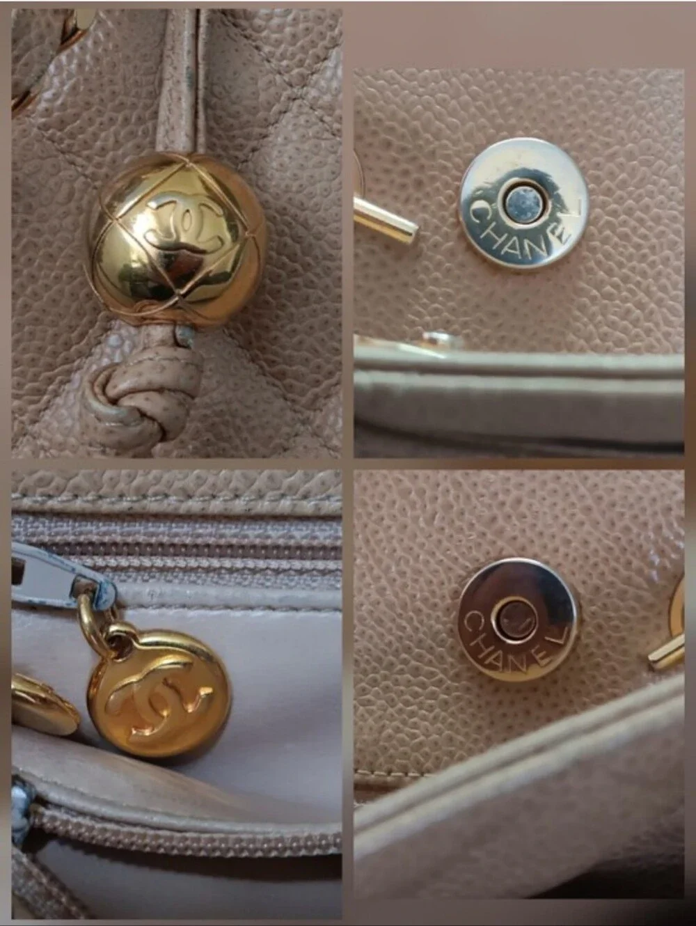 Chanel Vintage Beige Caviar Leather Quilted Tote 24K Gold Plated ✨️ COA